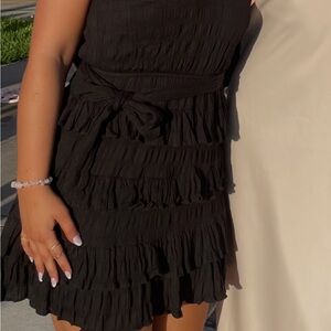 Hello Molly Black one sleeve Tiered Ruffle Mini Dress with Waist Tie